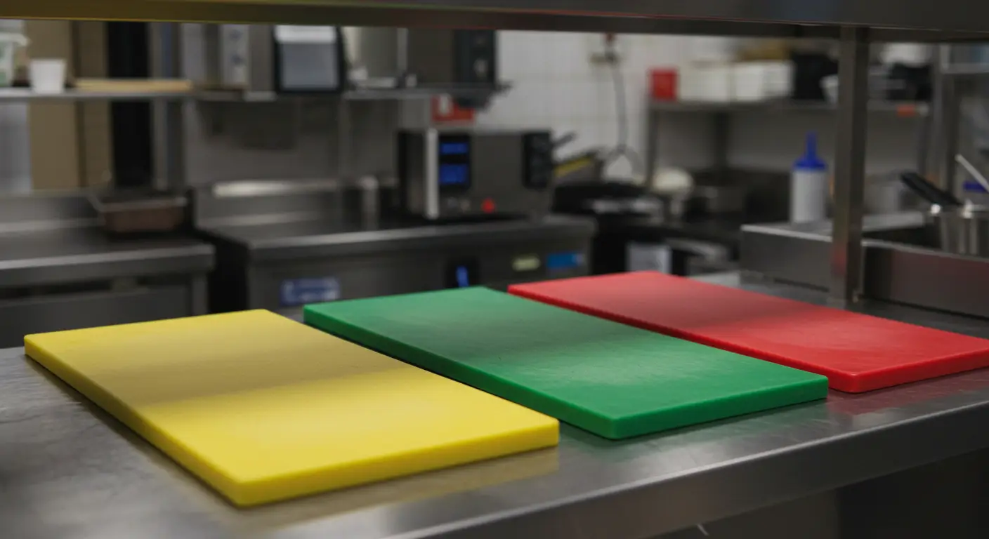 Imagem mostrando as cores das tábuas de corte na cozinha de um restaurante profissional