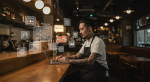 Ilustração de dono de restaurante usando o ChatGPT para automatizar tarefas na operação do restaurante.