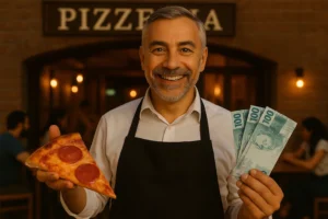 Dono de restaurante segurando pizza e dinheiro, ilustrando cálculo de markup de restaurante