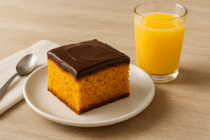 Bolo de cenoura fofinho com cobertura de chocolate em uma mesa posta com um copo de suco de laranja ao lado