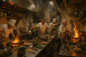 Cozinha profissional completamente desorganizada, com cozinheiros perdidos nos bastidores