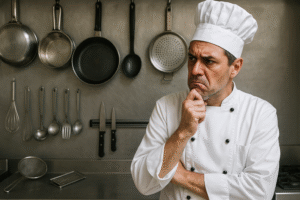 Cozinheiro olhando confuso para bastidores da cozinha.