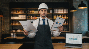 Engenheiro analisando cardápio de restaurante com gráficos e planilhas, representando a aplicação da engenharia de cardápio na gestão gastronômica.