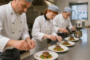 cozinheiro montando vários pratos ao mesmo tempo em uma cozinha profissional com métodos de logística