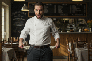 Dono de restaurante puxando os bolsos vazios por não aplicar a margem de lucro ideal em seu restaurante