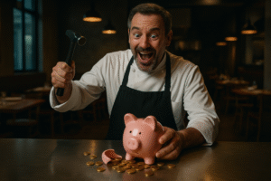 Homem quebrando um porquinho de dinheiro com as economias que fez de seu restaurante por conta de sua margem de lucro