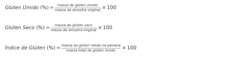 fórmula do cálculo de glúten úmido, glúten seco e índice de glúten para classificação dos tipos de farinha de trigo