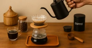 Como fazer café em casa. Mão adicionando água no filtro v60 em casa.