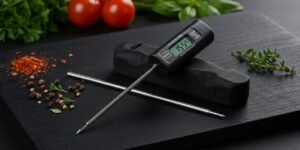 Imagem de um termômetro culinário sobre uma tábua de corte de uma cozinha profissional