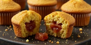 Receita de muffins de bolo de fubá com goiabada cortado ao meio