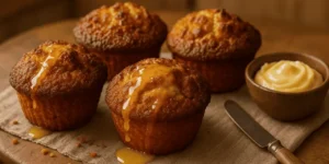 Muffins de batata-doce fubá e mel em cima de uma mesa de café da manhã