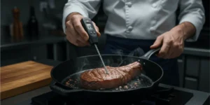 Cozinheiro medindo a temperatura interna da carne com um termômetro para conferir se está segura