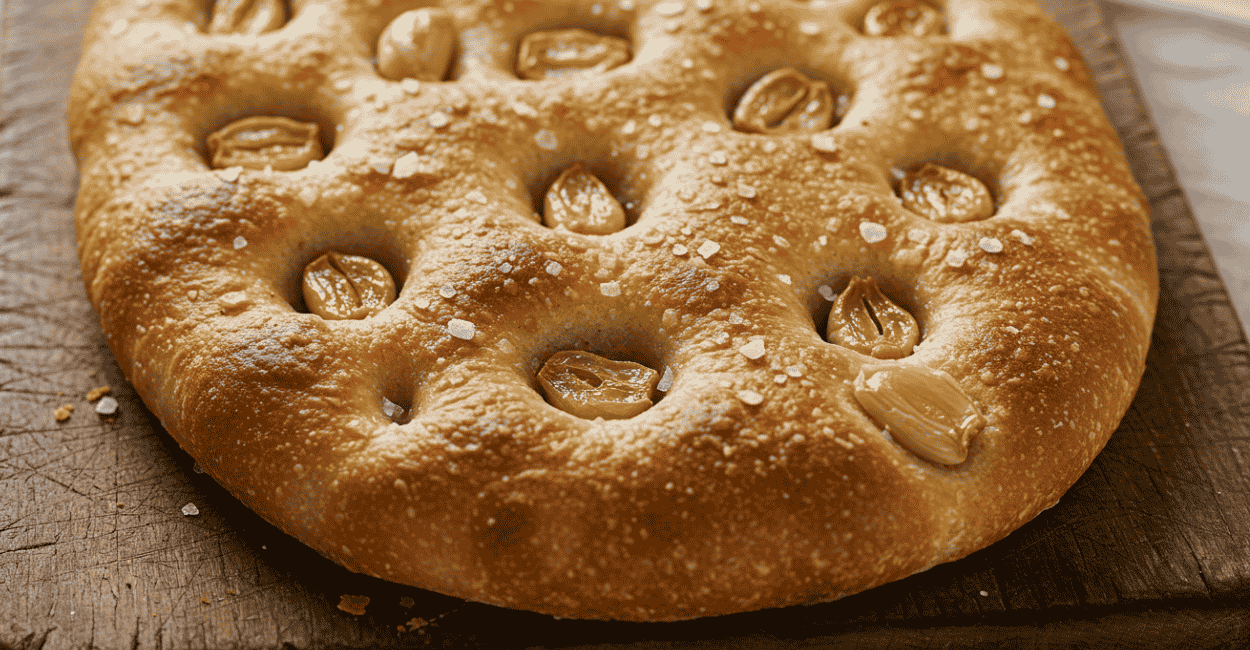 Focaccia com alho confitado e flor de sal: sabor puro e crocância