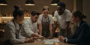 Chef de cozinha fazendo gestão de pessoas para restaurantes com sua equipe