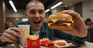 Homem comendo hambúrguer no McDonald's com o clássico molho CBO