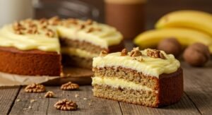 Bolo de banana com cobertura cremosa