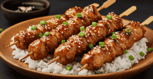 Espetinho de frango com molho teriyaki