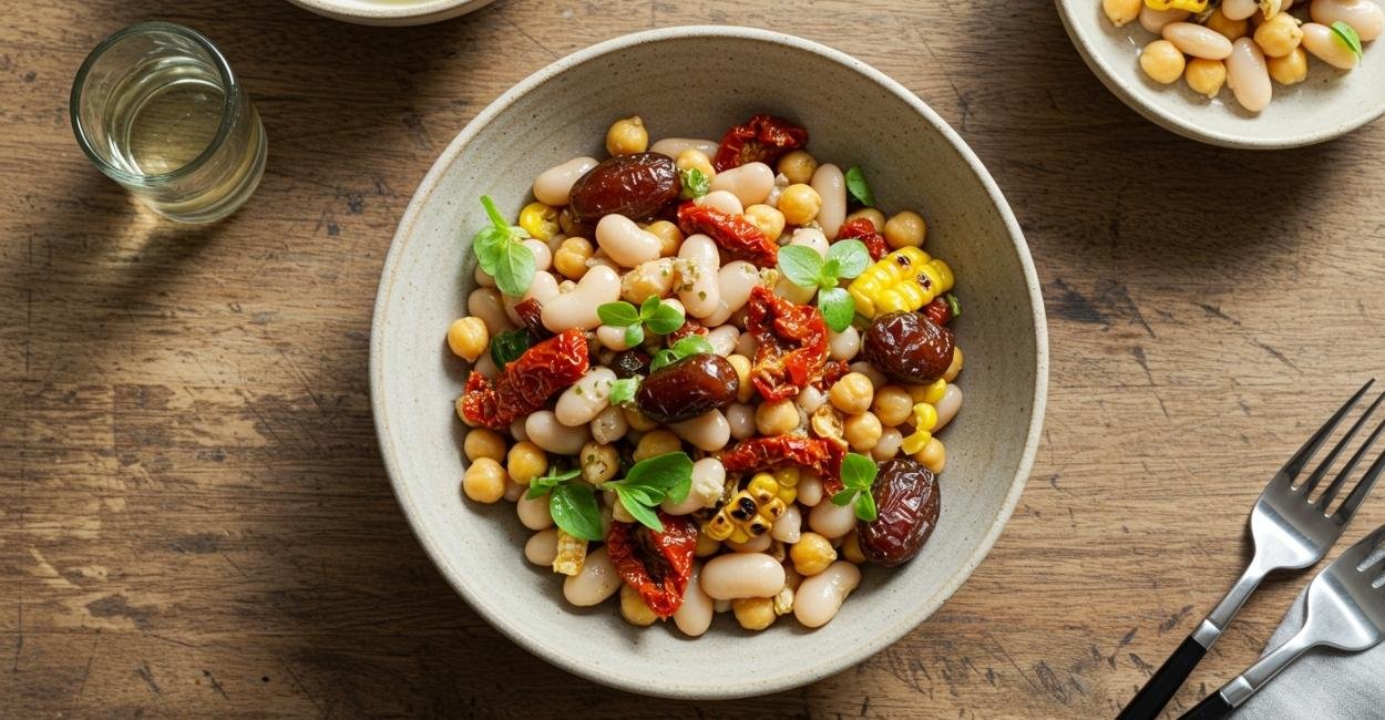 Salada nutritiva e elegante: feijão marinado com tâmaras e balsâmico branco