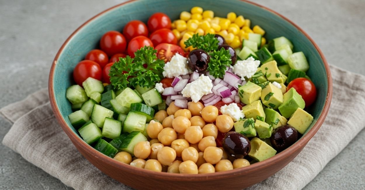 Salada fresca de grão-de-bico com pepino e o melhor molho que você já provou