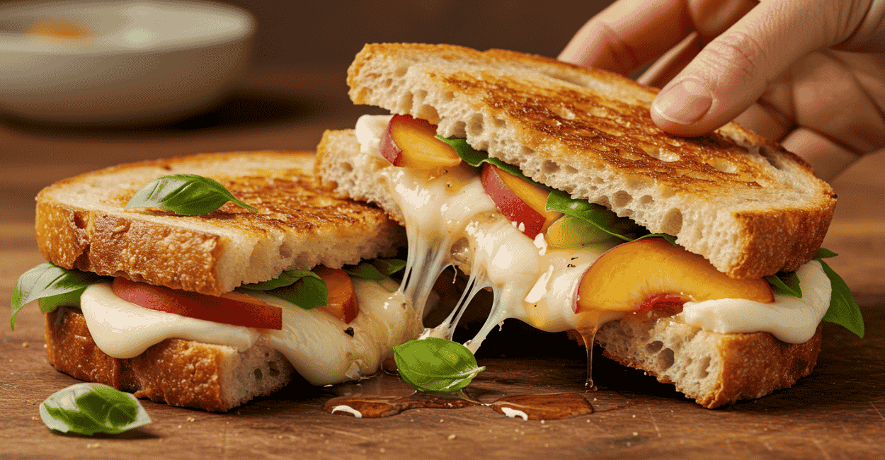 Sanduíche de queijo quente com pêssego e mel: simples e surpreendente