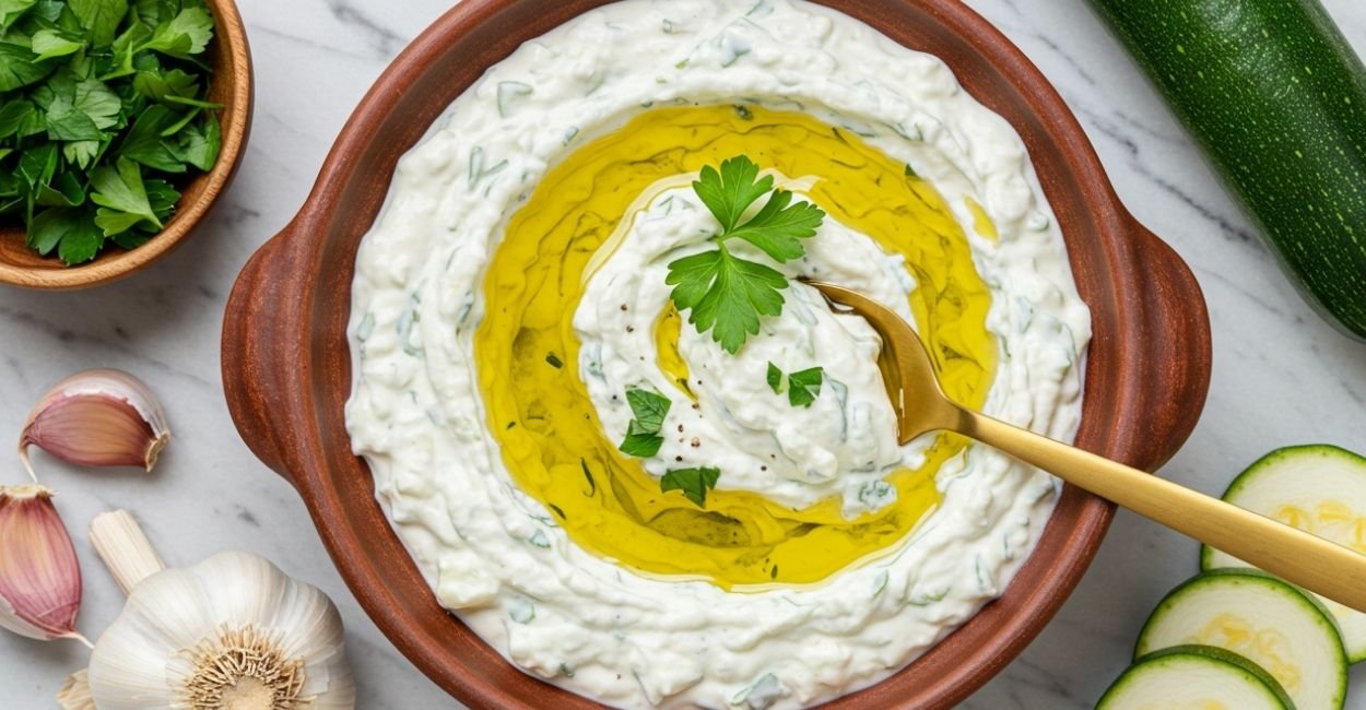 Molho grego Tzatziki de iogurte com abobrinha: refrescante, saudável
