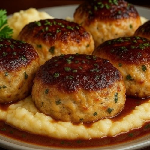 Bolinhos de frango com alho e parmesão servidos com purê de batatas