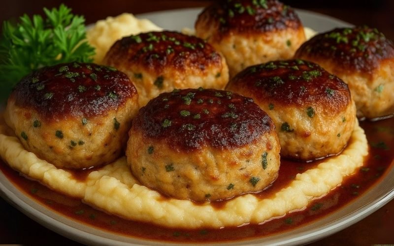 Bolinhos de frango com alho e parmesão servidos com purê de batatas