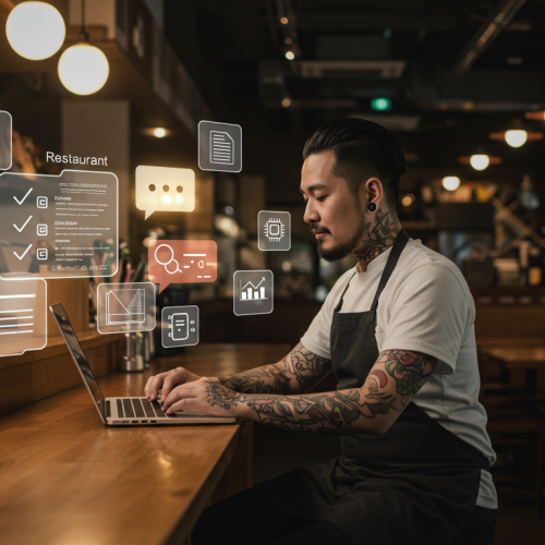 Ilustração de dono de restaurante usando o ChatGPT para automatizar tarefas na operação do restaurante.