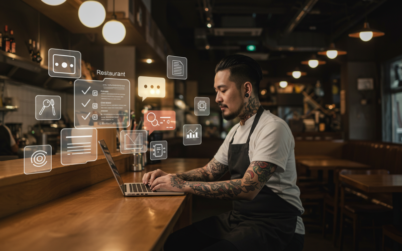 Ilustração de dono de restaurante usando o ChatGPT para automatizar tarefas na operação do restaurante.