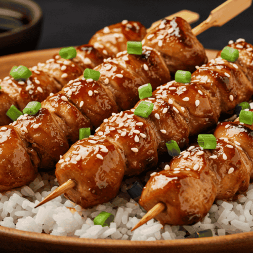 Espetinho de frango ao molho teriyaki: caramelizado, suculento e impossível de resistir