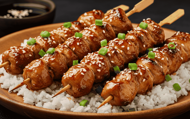 Espetinho de frango ao molho teriyaki: caramelizado, suculento e impossível de resistir