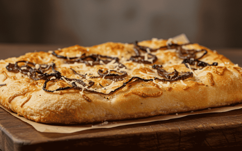 Focaccia de cebola caramelizada com parmesão: impossível resistir