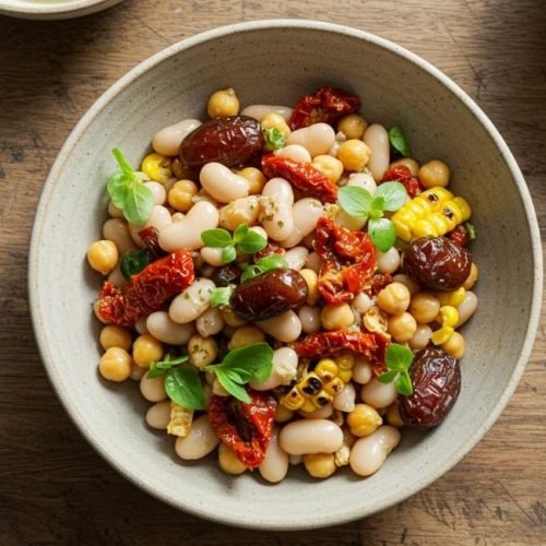 Salada nutritiva e elegante: feijão marinado com tâmaras e balsâmico branco