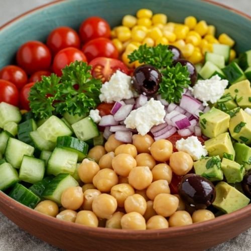 Salada fresca de grão-de-bico com pepino e o melhor molho que você já provou