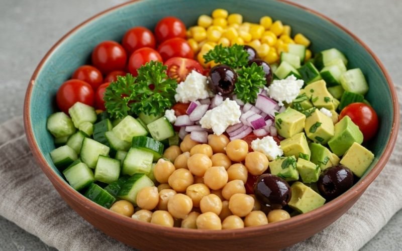 Salada fresca de grão-de-bico com pepino e o melhor molho que você já provou