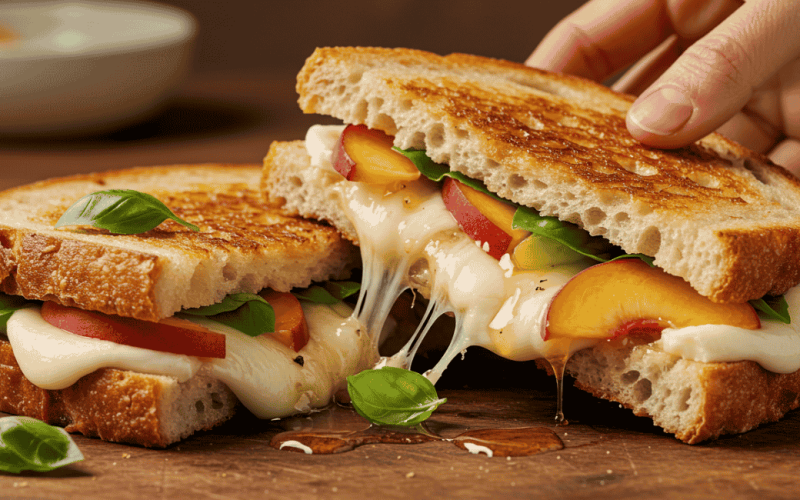 Sanduíche de queijo quente com pêssego e mel: simples e surpreendente